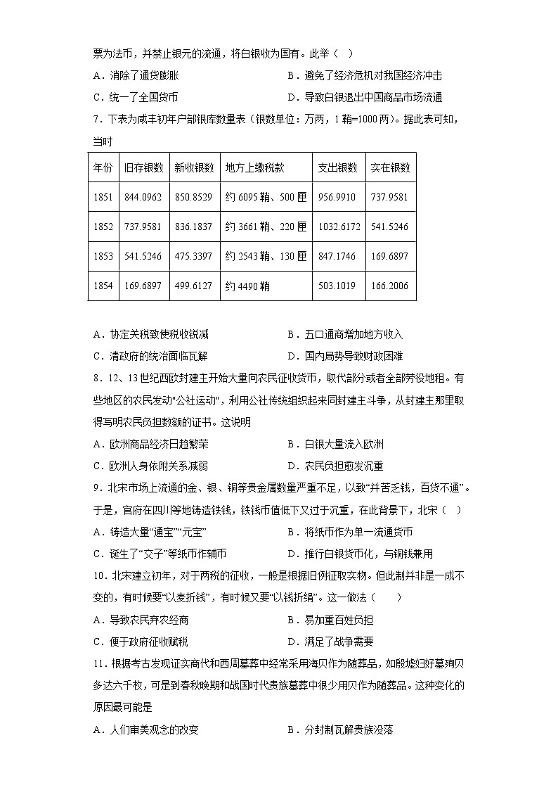 第五单元 货币与赋税制度 寒假作业--2022-2023学年高中历史统编版（2019）选择性必修一02