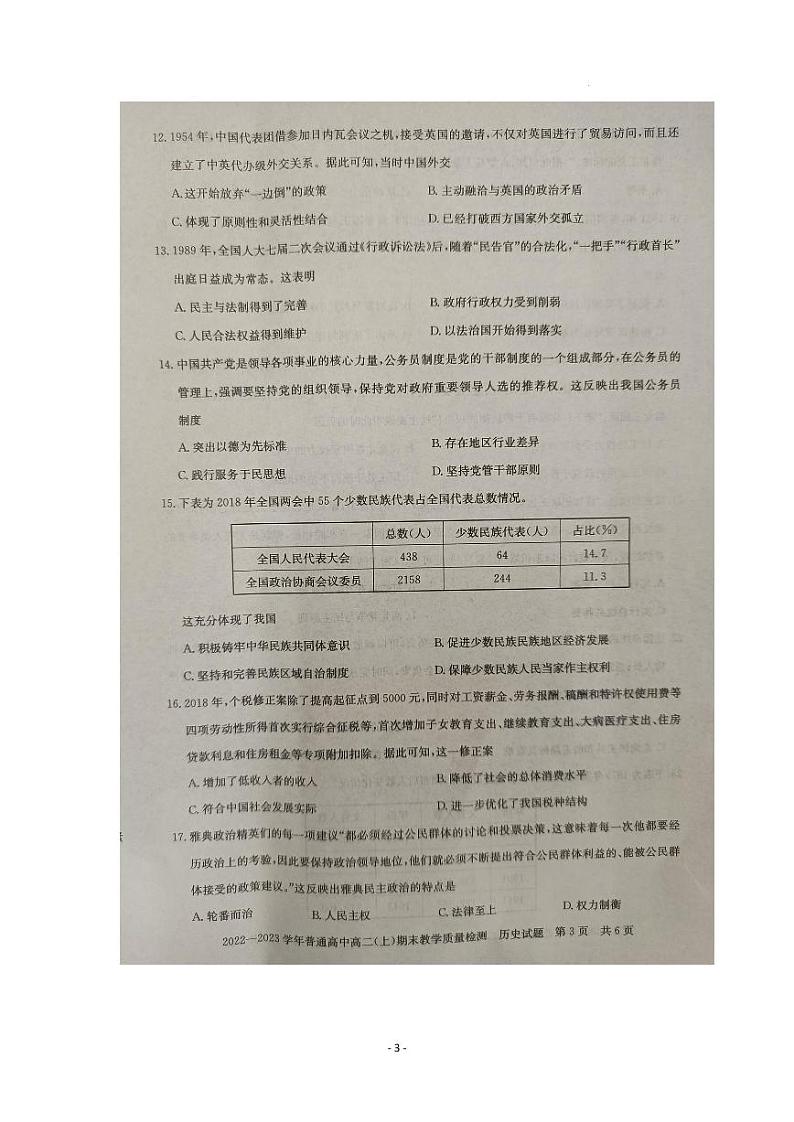 2022--2023学年信阳市高二（上）期末教学质量检测历史试题与答案03