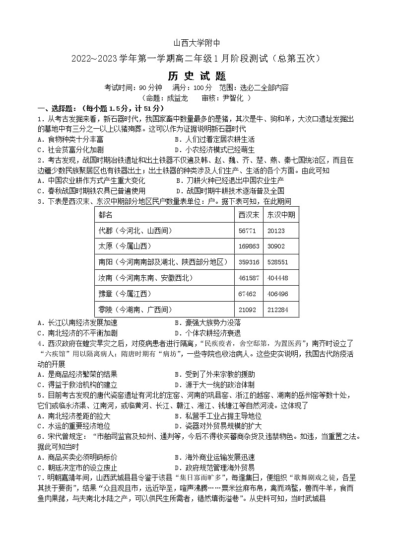 2023山西大学附中高二上学期1月期末考试历史无答案第1页
