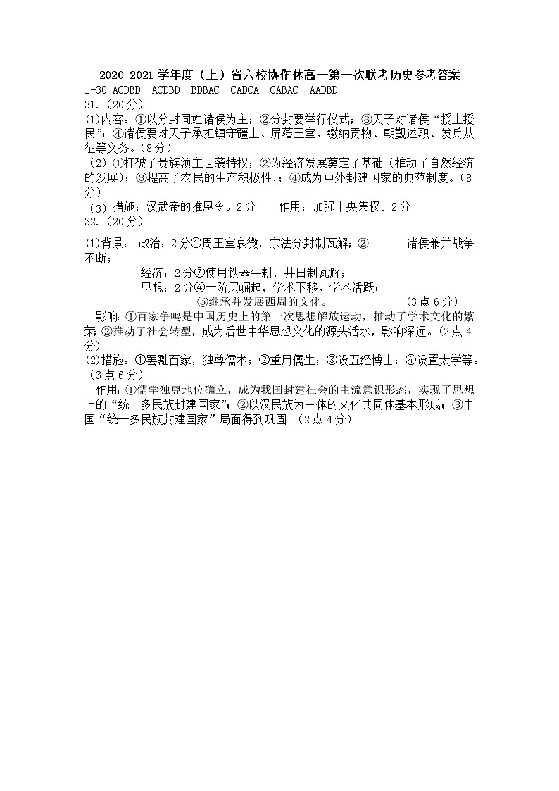 辽宁省六校协作体2020-2021学年高一上学期第一次联考历史试题 Word版含答案01