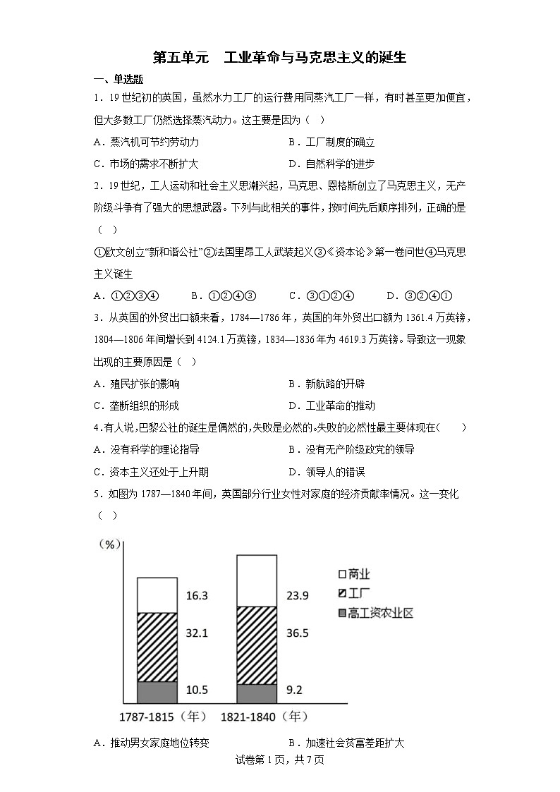第五单元 工业革命与马克思主义的诞生 单元测试--2022-2023学年高中历史统编版（2019）必修中外历史纲要下第1页