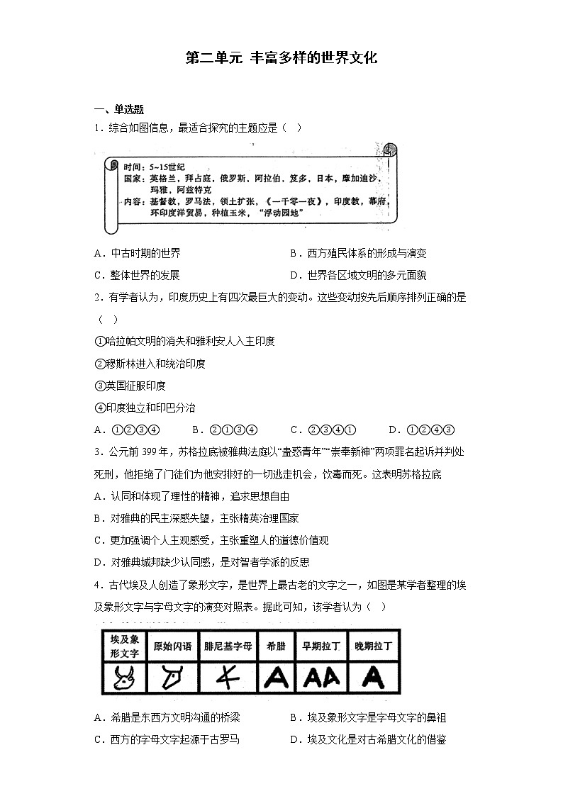 第二单元 丰富多样的世界文化 单元练习--2022-2023学年高中历史统编版（2019）选择性必修三第1页