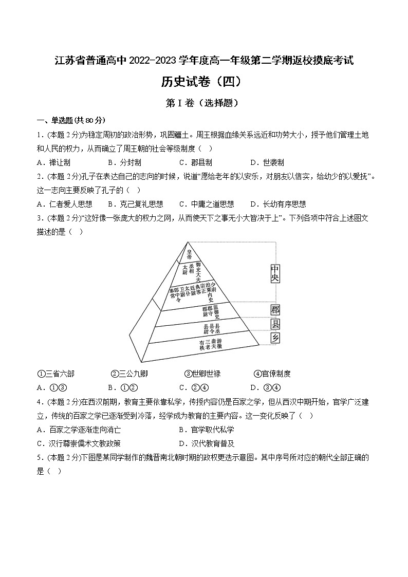 江苏省普通高中2022-2023学年度高一年级第二学期返校摸底考试历史试卷（学生版）第1页
