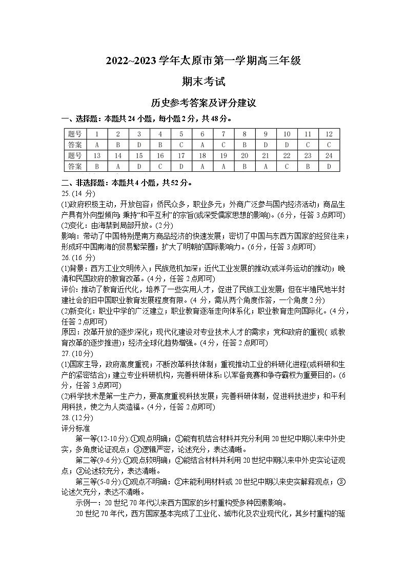 山西省太原市2022-2023学年高三上学期期末考试历史试题01