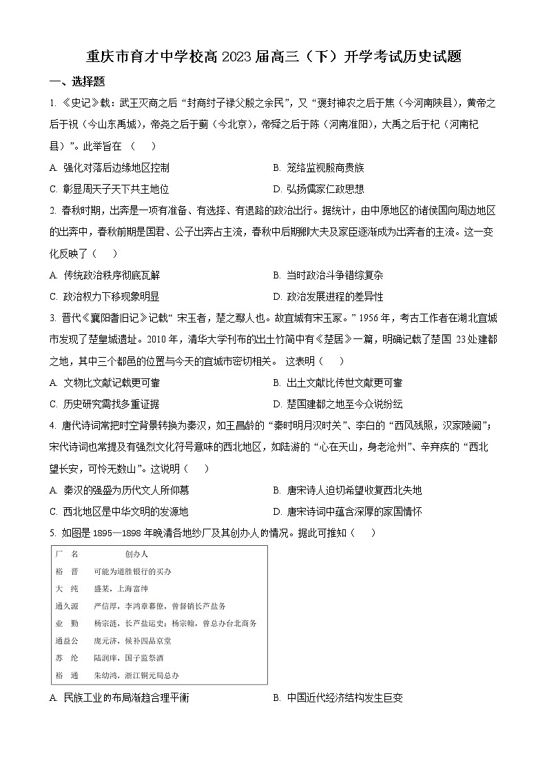 2023重庆市育才中学高三下学期开学考试历史试题含解析01
