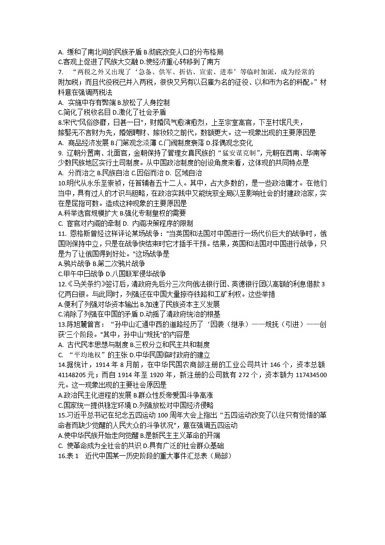 云南省昆明市官渡区2022-2023学年高一上学期期末学业水平考试历史试题02