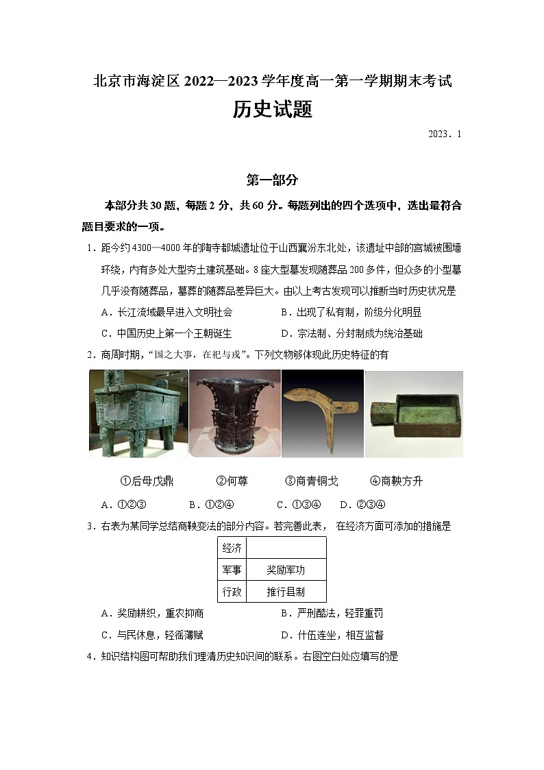 2022-2023学年北京市海淀区第一学期高一期末考试历史试题（Word版）01