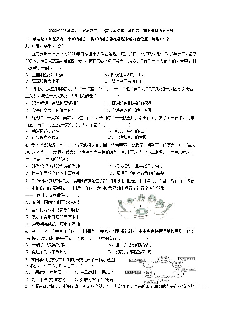 2022-2023学年河北省石家庄二中实验学校第一学期高一期末模拟历史试题（Word版）第1页