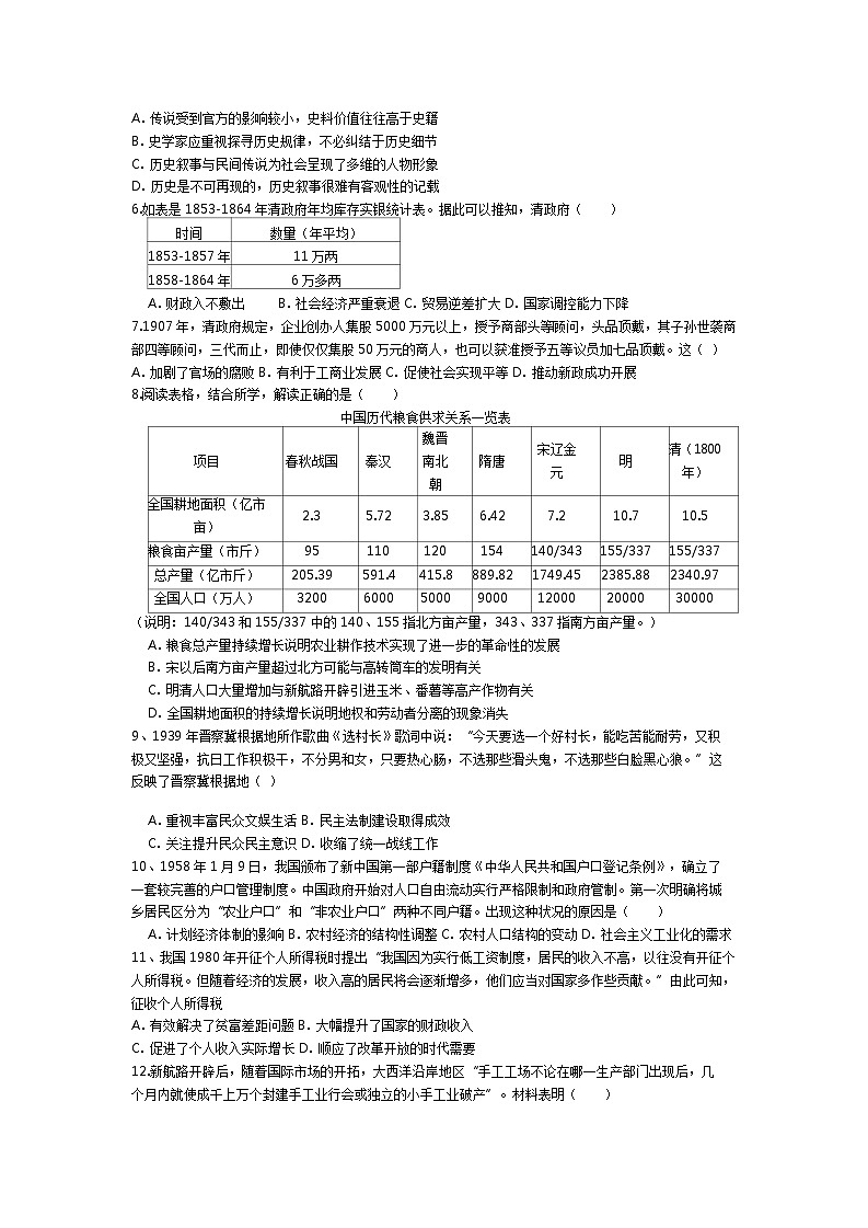 2022-2023学年湖北省襄阳市第五高级中学高二上学期12月月考历史试题（Word版）02