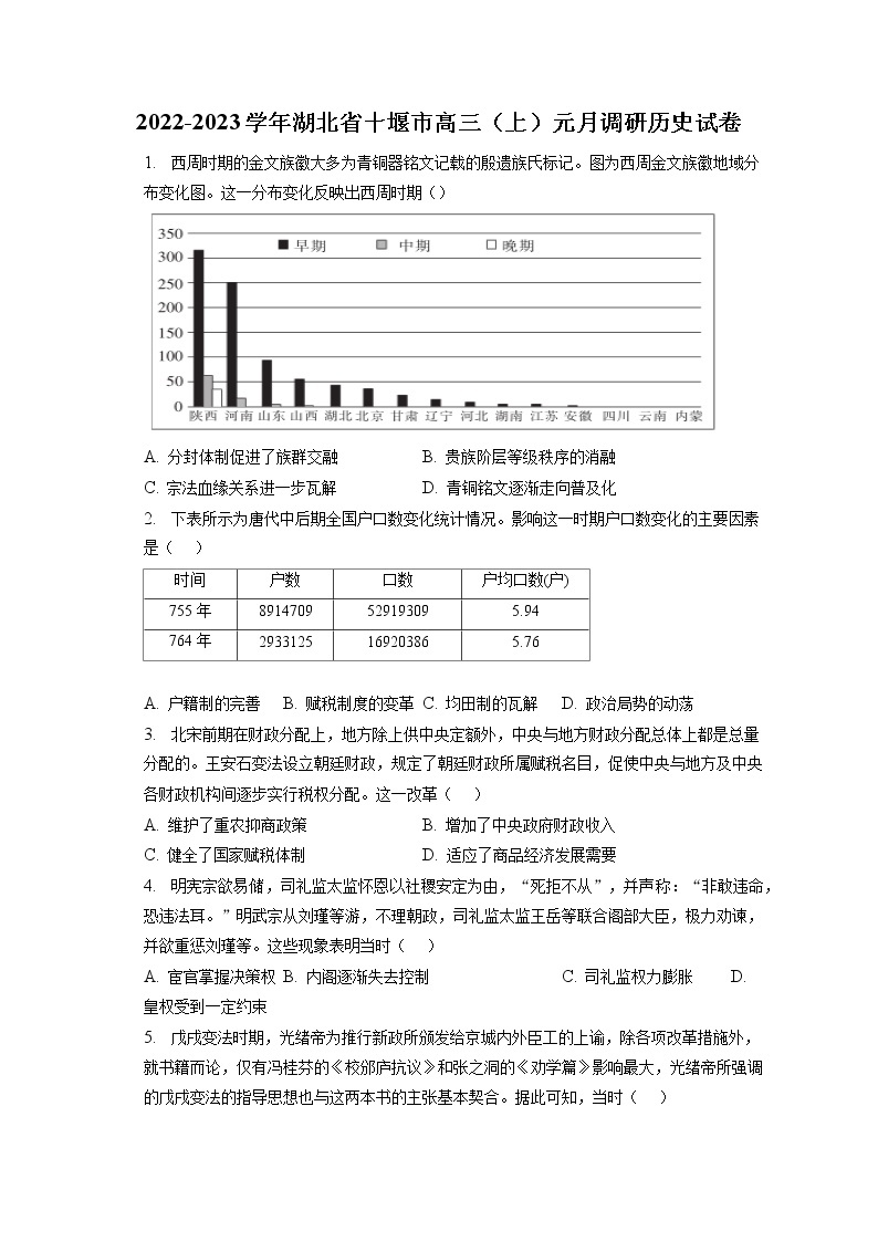 2022-2023学年湖北省十堰市高三（上）元月调研历史试卷（含答案解析）01