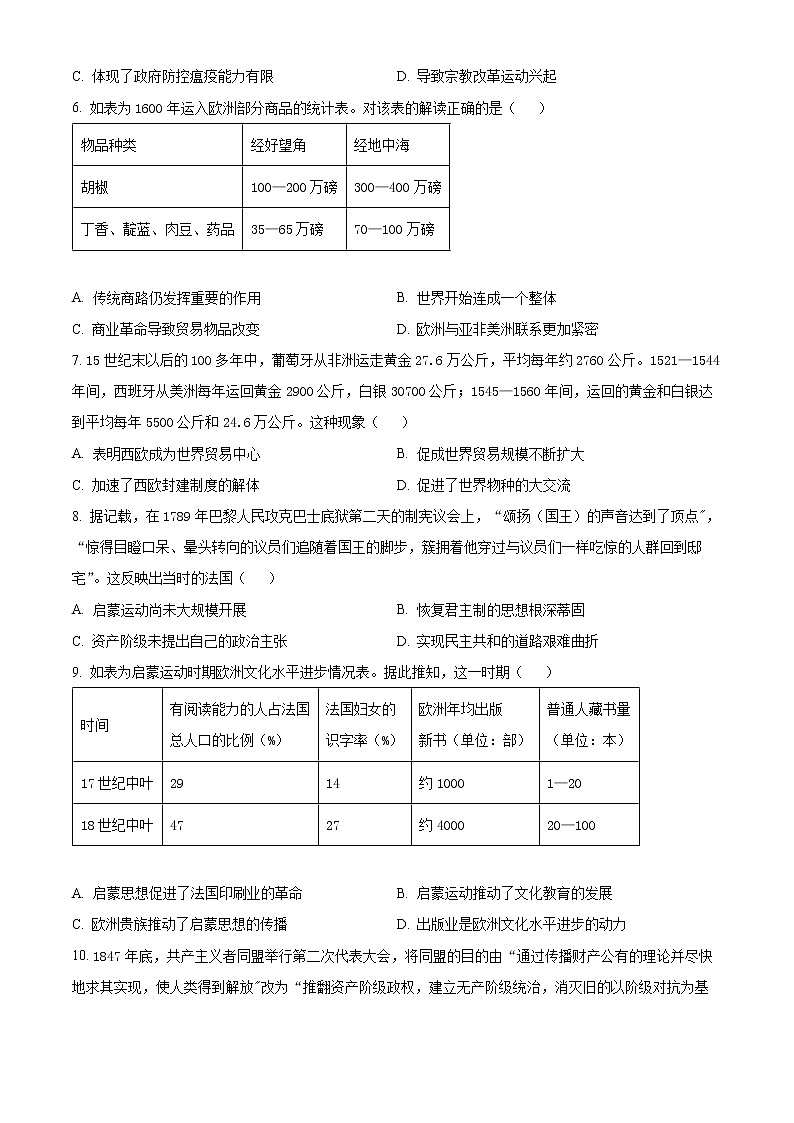 山东省莱阳市第一中学2022-2023学年高三上学期期末练习历史试题302