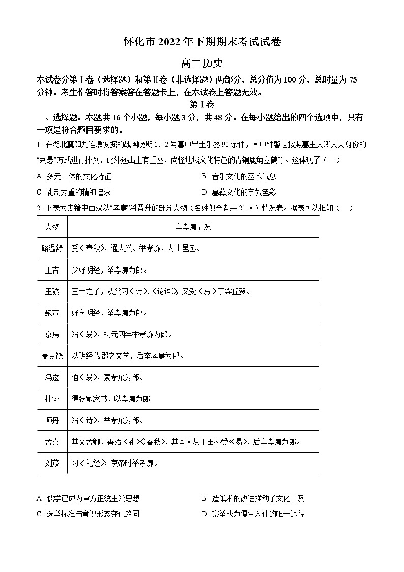 2023怀化高二上学期期末考试历史试题含解析01