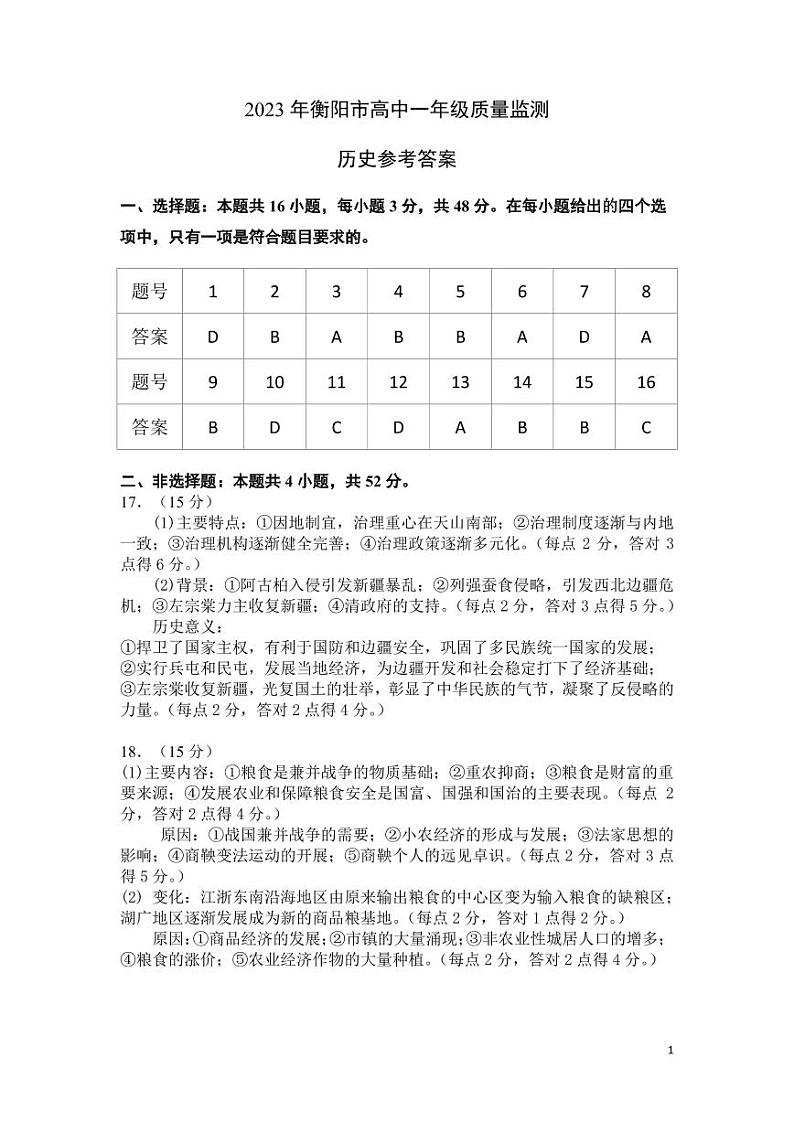 2023年衡阳市高中一年级质量监测历史参考答案第1页