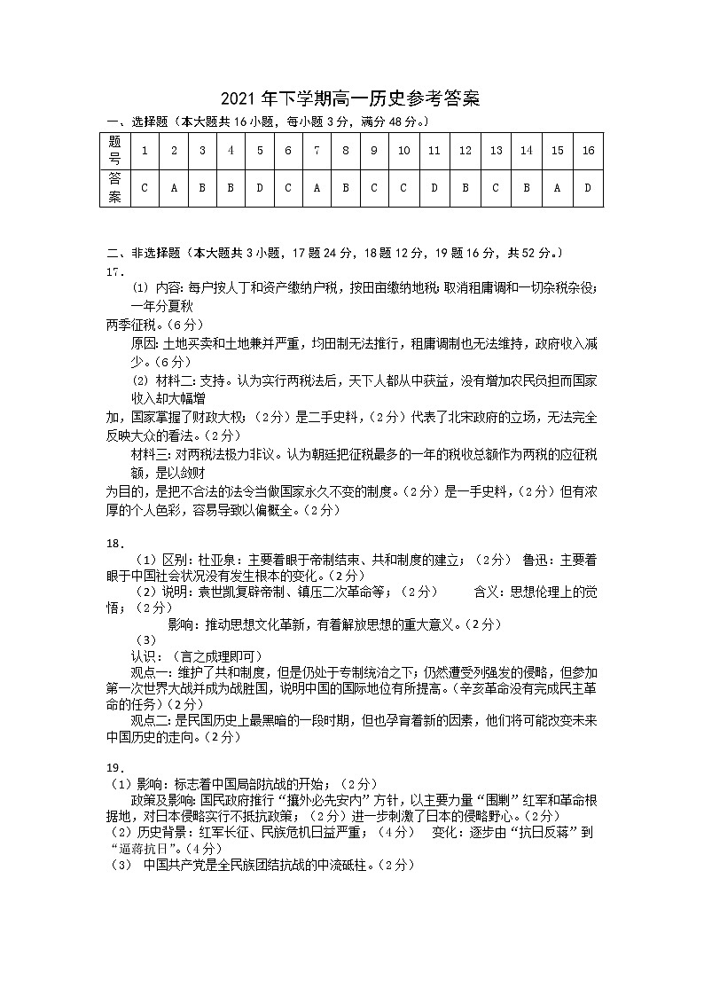 2021-2022学年湖南省长沙市雨花区高一上学期期末考试历史试题（PDF版）01