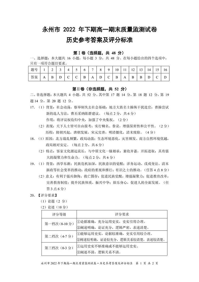 湖南省永州市2022-2023学年高一上学期期末质量监测历史试卷01