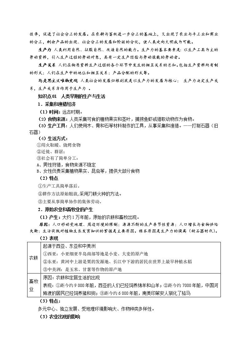 第1课 从食物采集到食物生产 教案--2022-2023学年高中历史统编版（2019）选择性必修二02