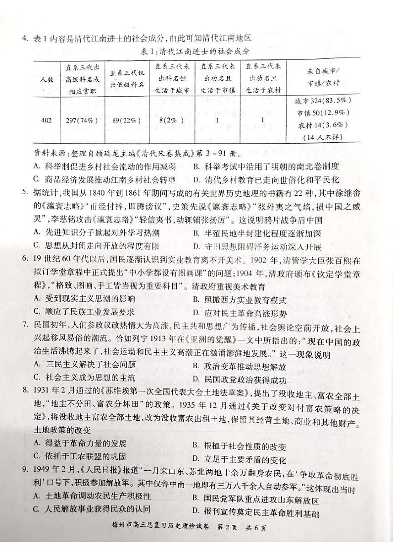 2023届广东省梅州市高三高考一模 历史试题及答案02