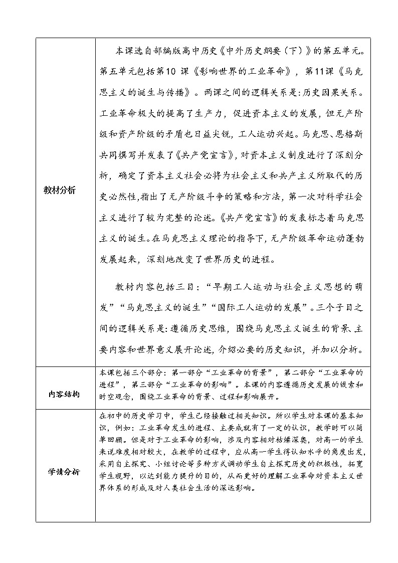 第五单元 工业革命与马克思主义的诞生 大单元教学设计--2022-2023学年高中历史统编版（2019）必修中外历史纲要下册03