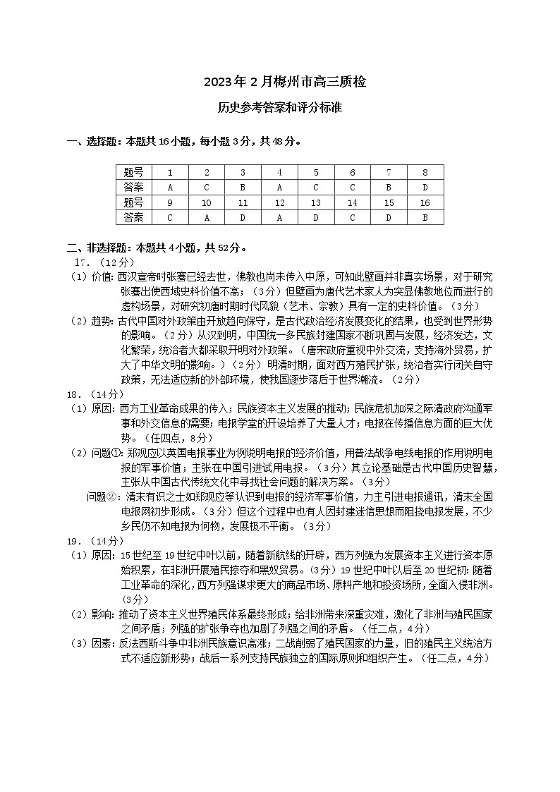 2023梅州高三下学期2月总复习质检（一模）历史PDF版含答案01