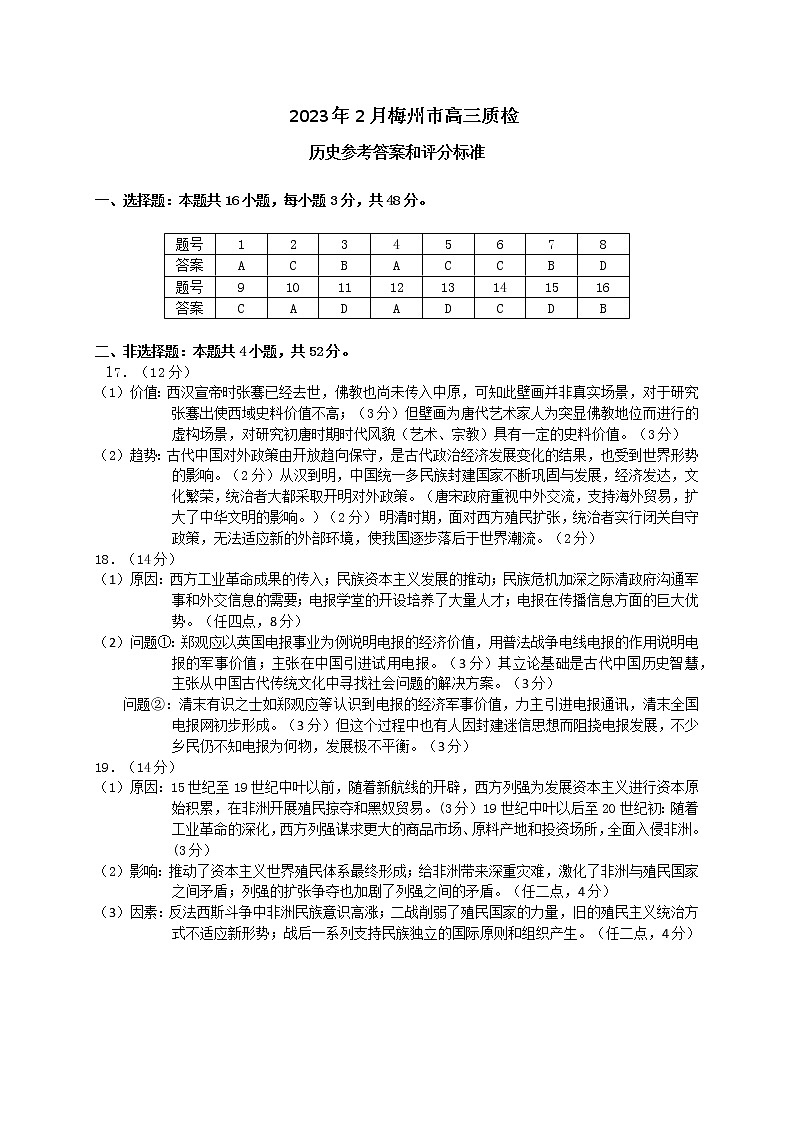 2023届广东省梅州市高三总复习质检(一模)历史参考答案第1页