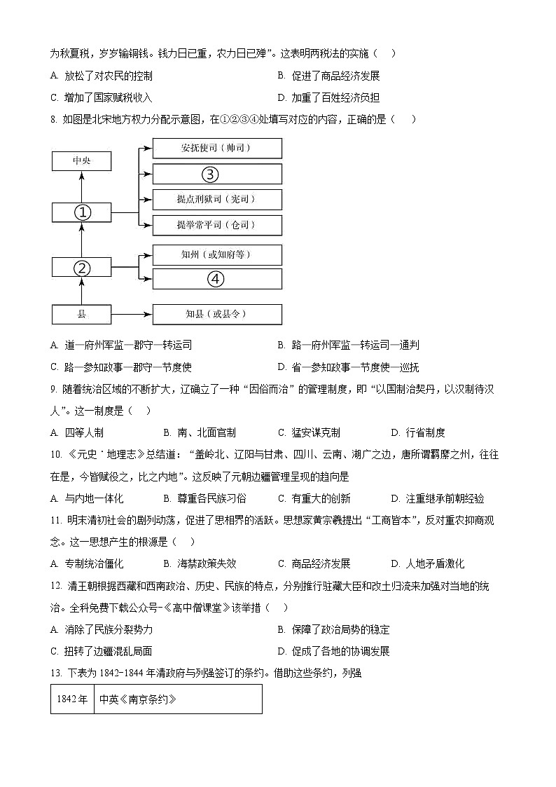 2023漳州高一上学期期末历史含答案 试卷02