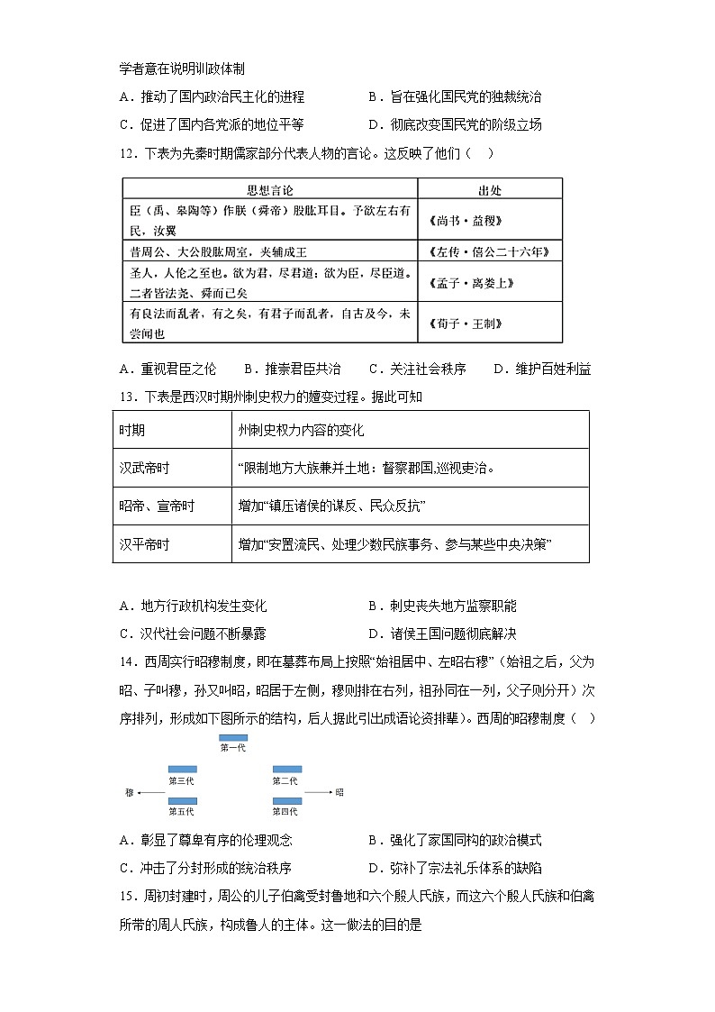 第一单元 政治制度 单元检测--2022-2023学年高中历史统编版2019选择性必修1第3页
