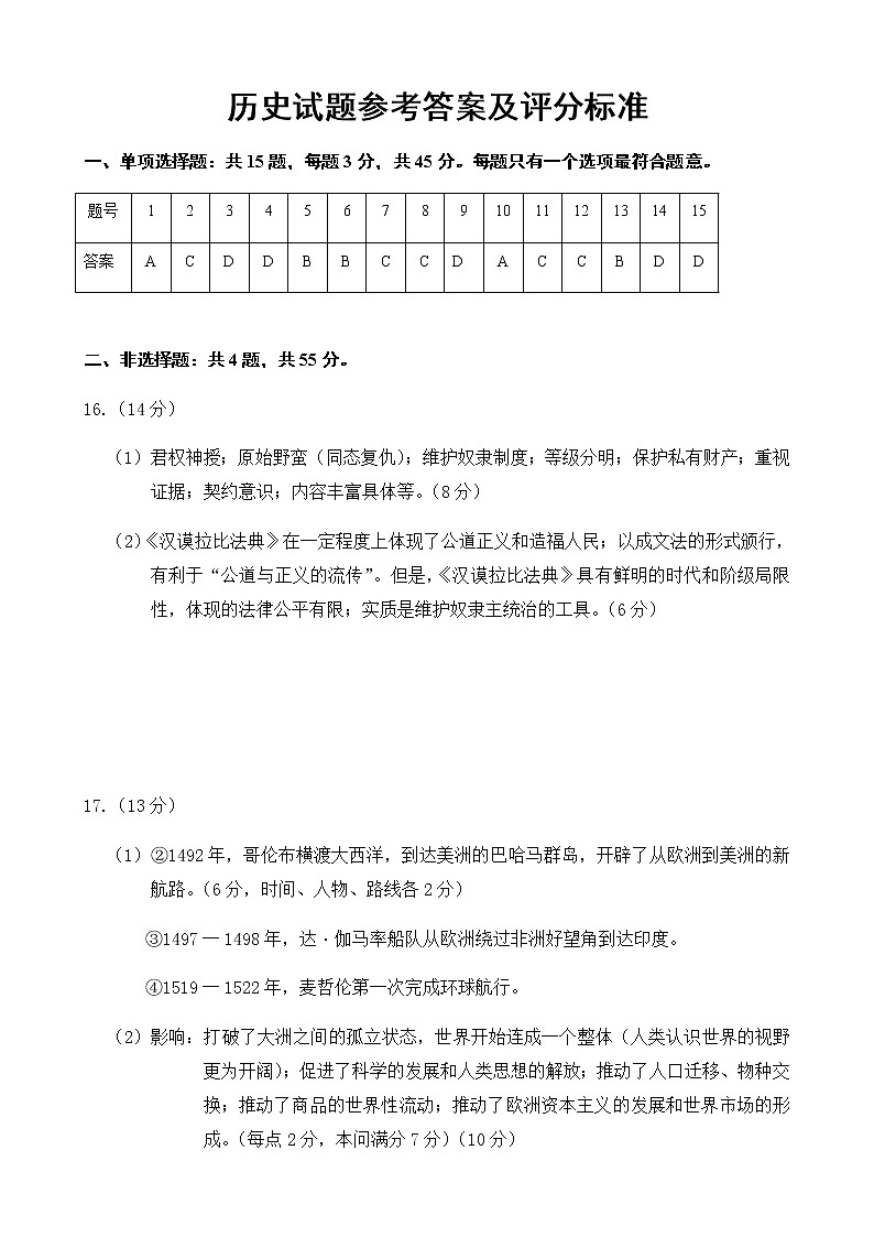 山东省滨州市沾化区实高2022-2023学年高三上学期10月月考历史试题（Word版含答案）01