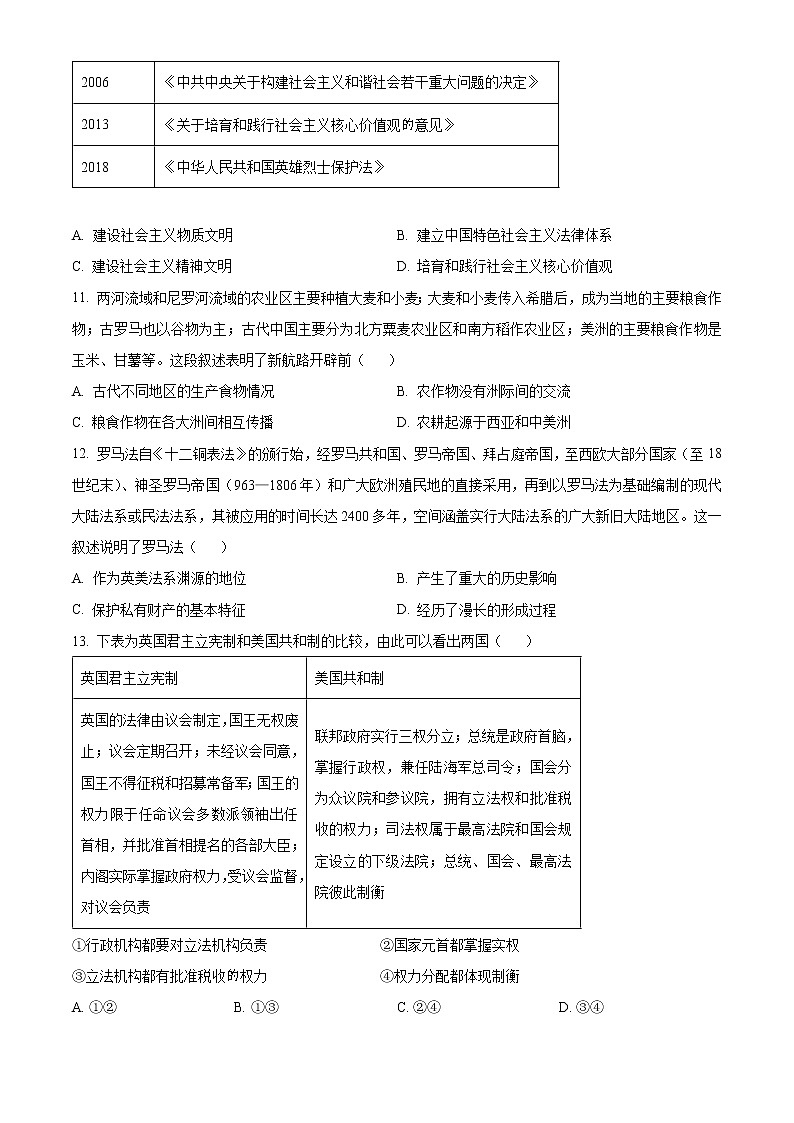 北京市昌平区2022-2023学年高二上学期期末考试历史试题（原卷版）第3页