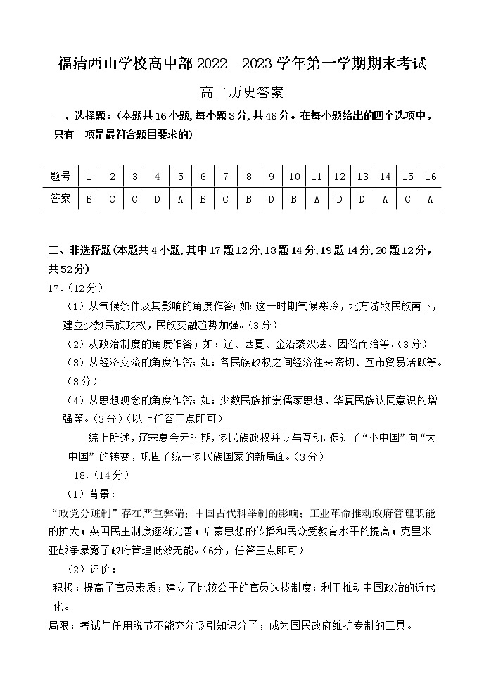 福清西山学校高中部2022－2023学年第一学期期末考试高二历史答案第1页