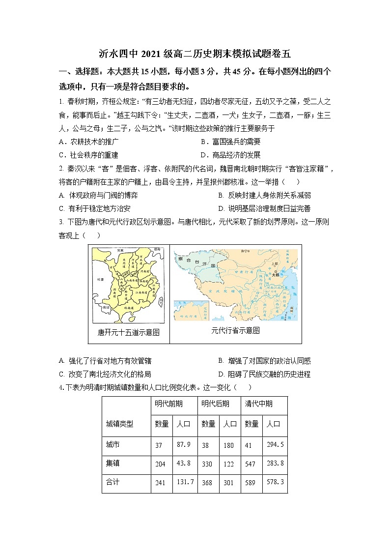 山东省沂水县第四中学2022-2023学年高二上学期期末模拟历史试题卷五01