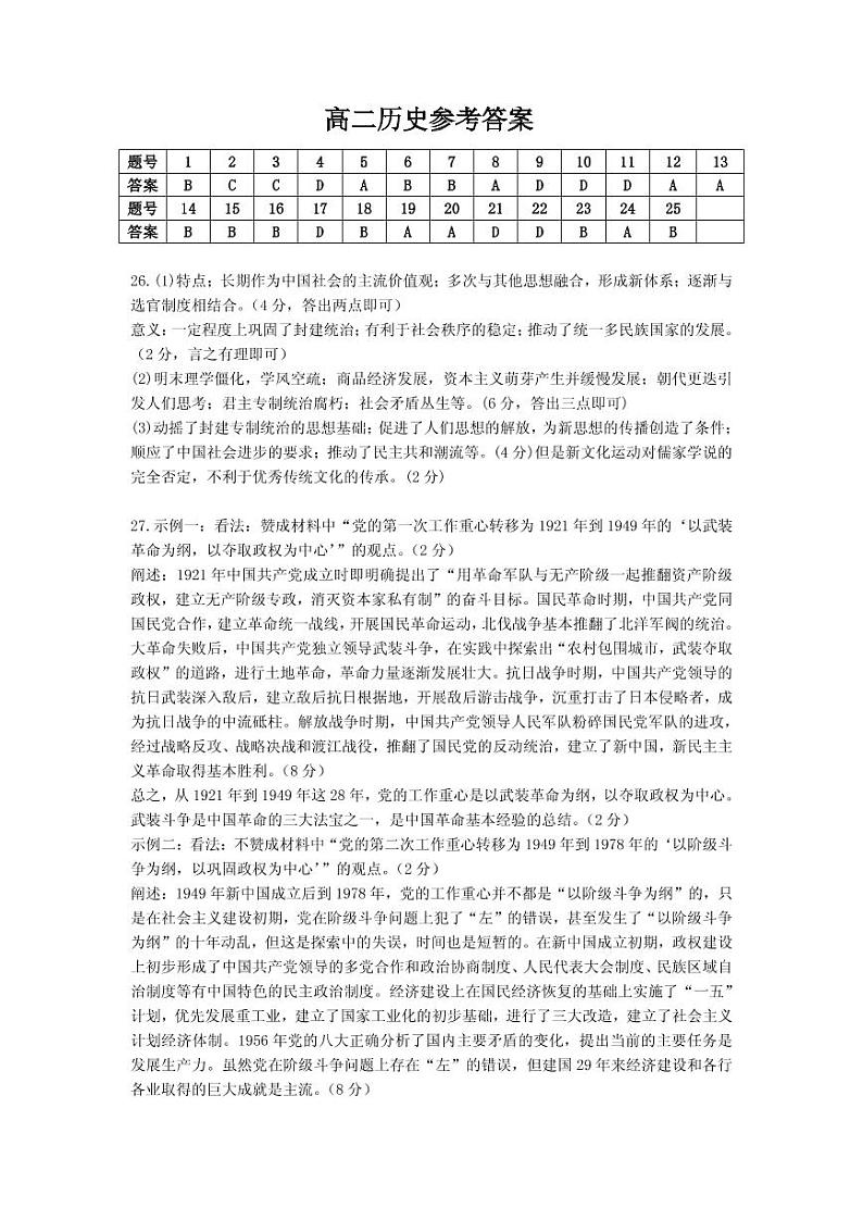 陕西省安康市2022-2023学年高二下学期开学摸底考试历史参考答案(1)第1页