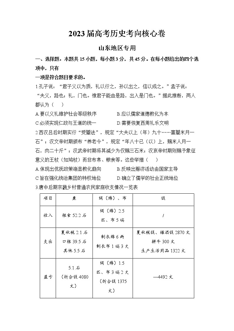 山东省2022-2023学年高三历史下学期高考考向核心卷（新高考）（Word版附解析）第1页