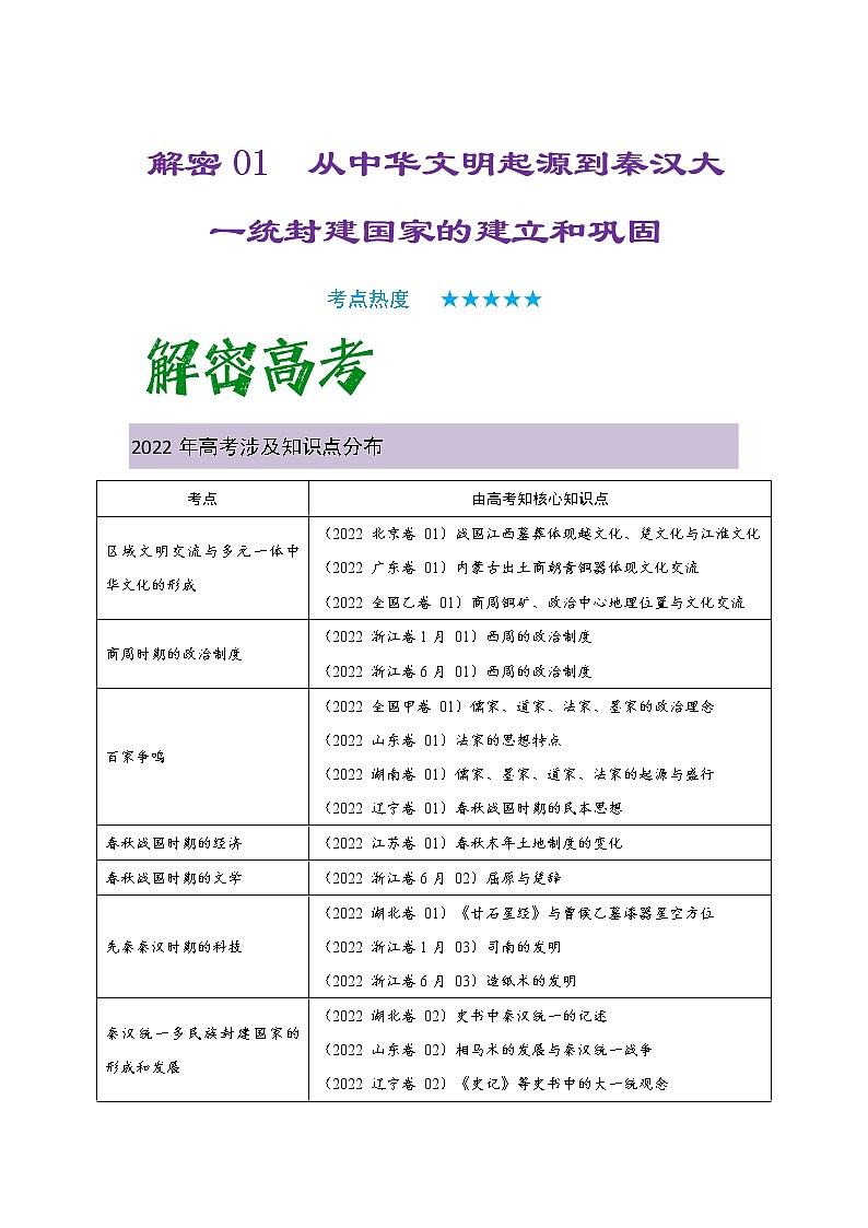 01 从中华文明起源到秦汉大一统封建国家的建立和巩固 复习讲义 ——【高考二轮复习】2023年高考历史统编版通用全面复习汇编01