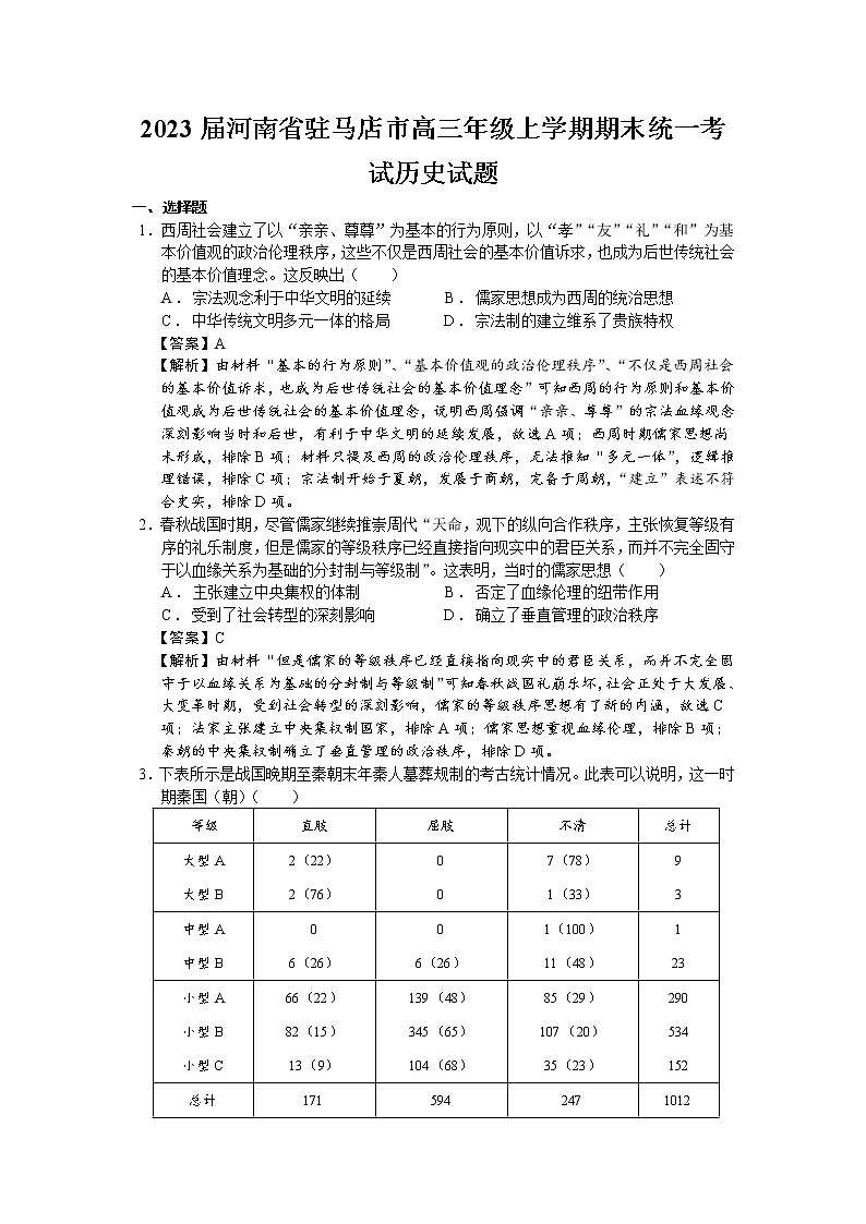 2023届河南省驻马店市高三年级上学期期末统一考试历史试题（解析版）第1页