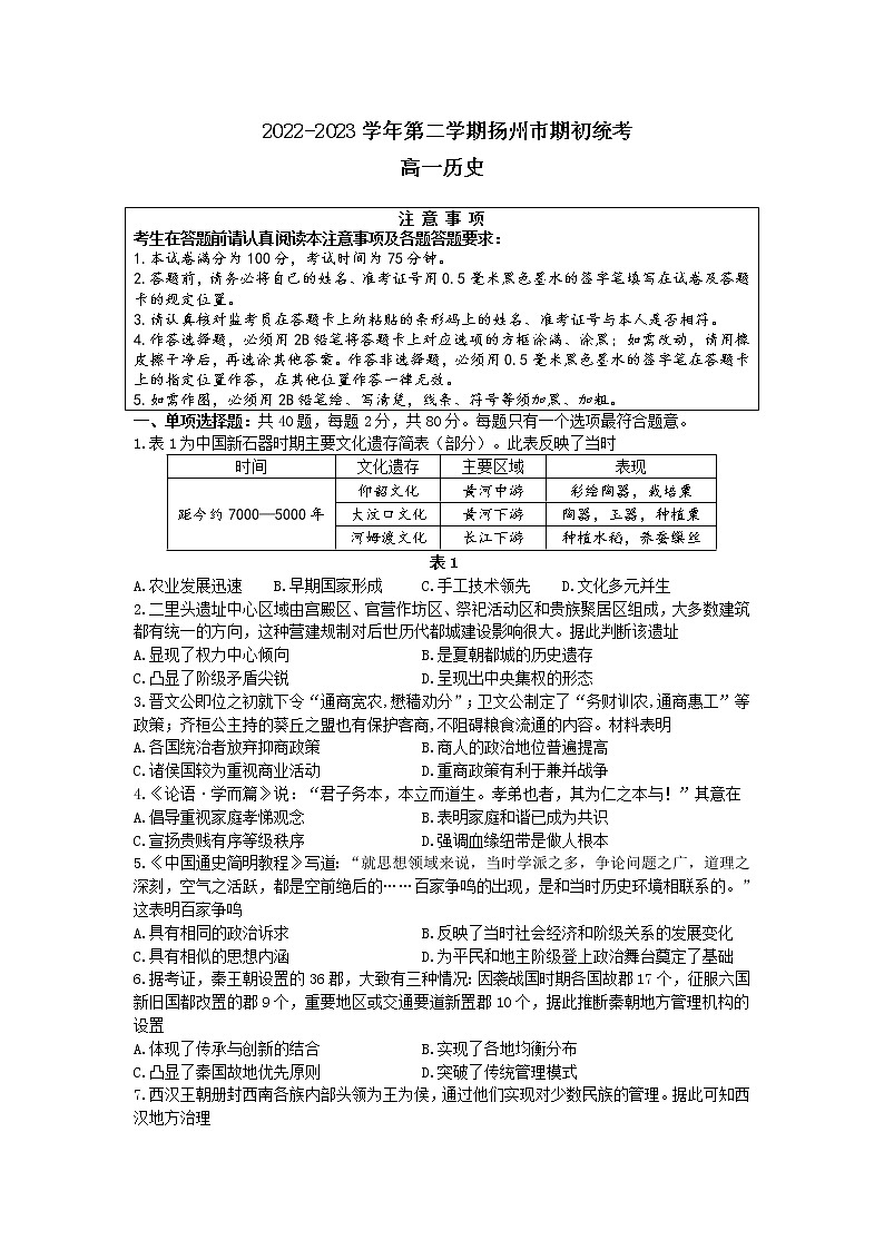 2022-2023学年江苏省扬州市第一学期高一期末考试历史试题（Word版）01