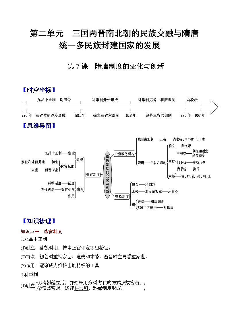 第7课 隋唐制度的变化与创新-高一历史期中期末复习记诵笔记（中外历史纲要上）01