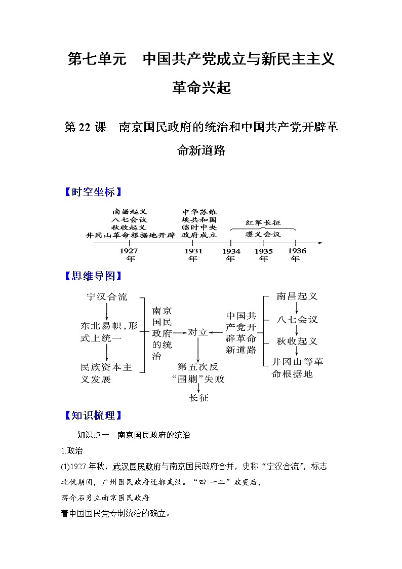 第22课 南京国民政府的统治和中国共产党开辟革命新道路 -高一历史期中期末复习记诵笔记（中外历史纲要上）第1页
