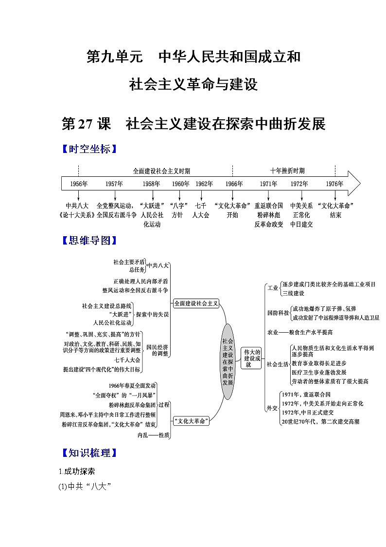 第27课 社会主义建设在探索中曲折发展 -高一历史期中期末复习记诵笔记（中外历史纲要上）01
