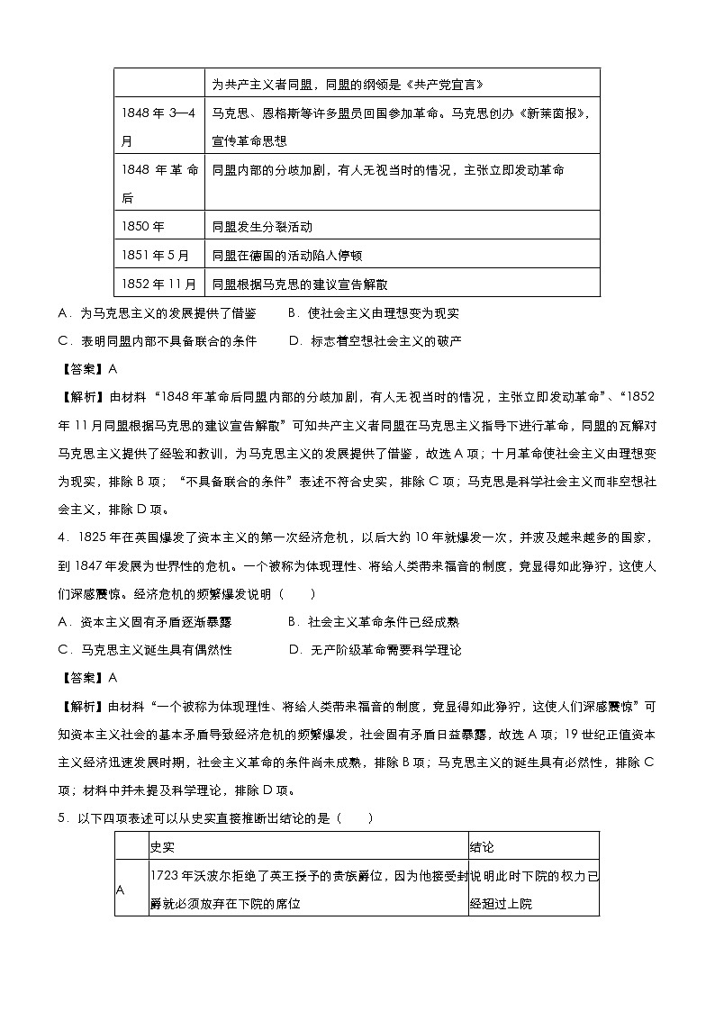 高考历史二轮复习小题必练7《社会主义运动与苏联社会主义建设》(教师版)第3页