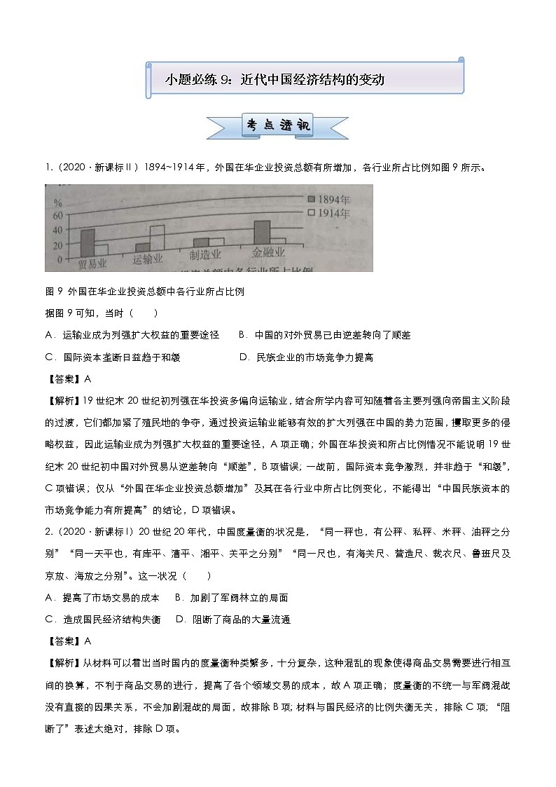 高考历史二轮复习小题必练9《近代中国经济结构的变动》(教师版)第1页