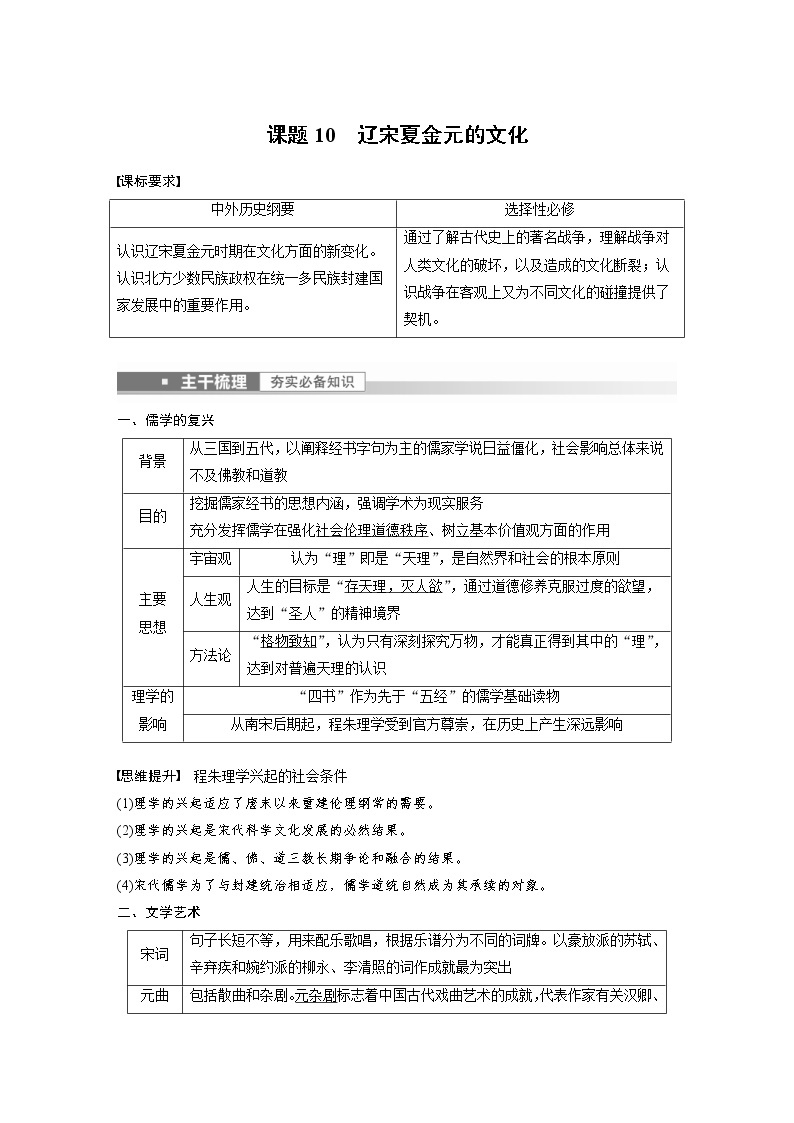 (新高考)高考历史一轮复习讲义第4讲 课题10　辽宋夏金元的文化 (含解析)01