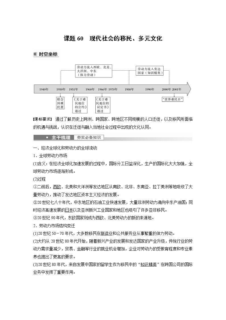 (新高考)高考历史一轮复习讲义第21讲 课题60　现代社会的移民、多元文化 (含解析)01