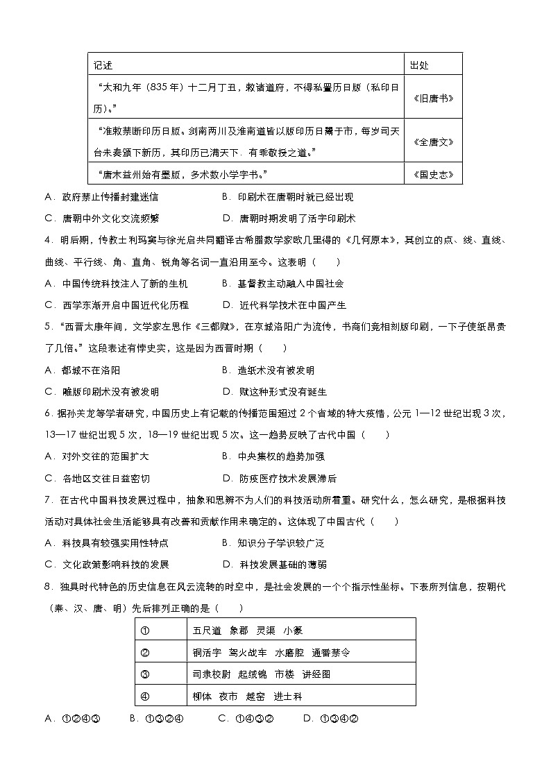 高考历史二轮复习小题必练15《古代中国的科学技术与文学艺术》(原卷版)第2页