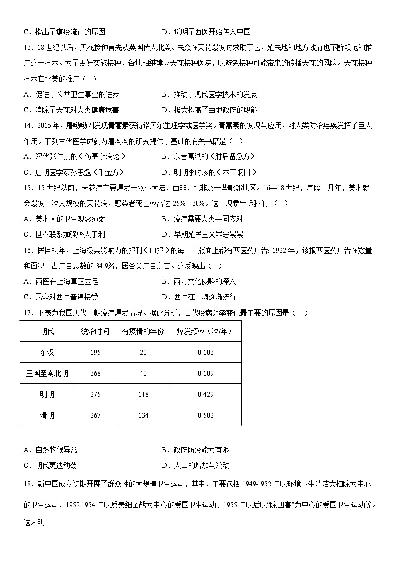 第六单元 医疗与公共卫生 综合测试--2022-2023学年统编版（2019）高中历史选择性必修203