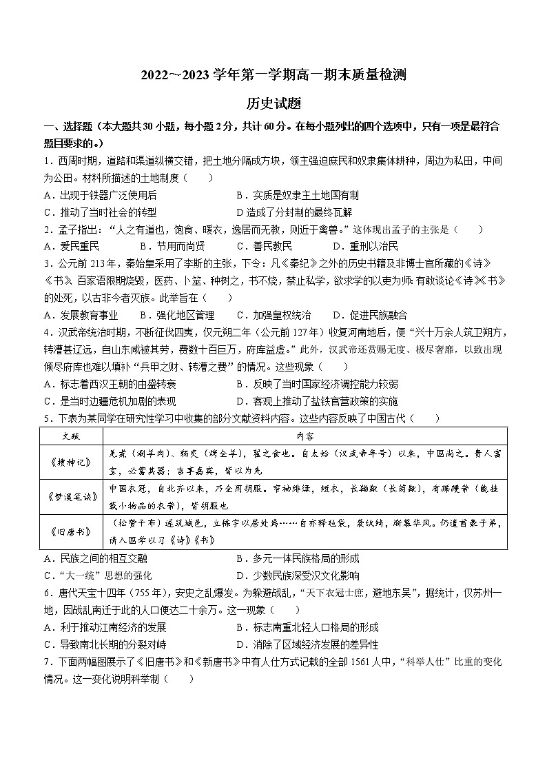 辽宁省锦州市渤海大学附属高级中学2022-2023学年高一上学期期末考试历史试题01