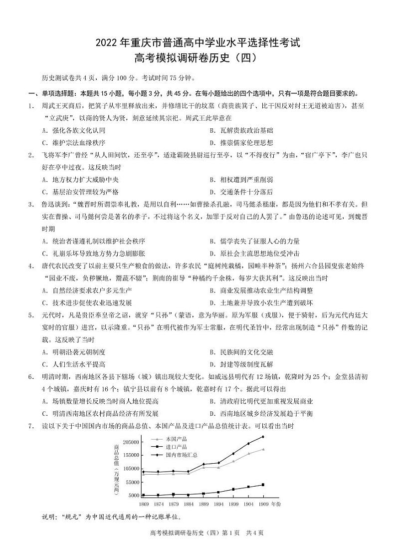重庆市2022年4月普通高等学校招生全国统一考试高考模拟调研卷（四）历史试卷（PDF版含答案）01