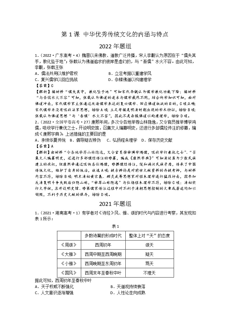 高中历史选择性必修三文化交流与传播 2020—2022年三年真题分课汇编解析版第1页