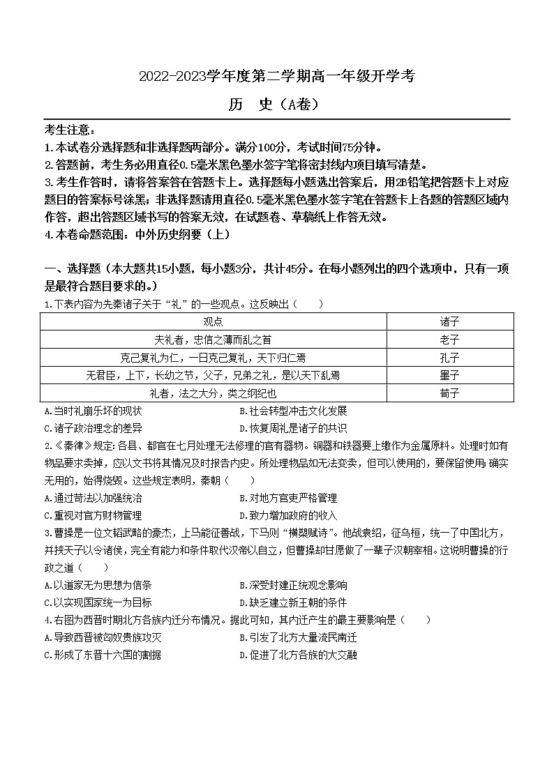 安徽省名校2022-2023学年高一下学期开学考试历史试题01