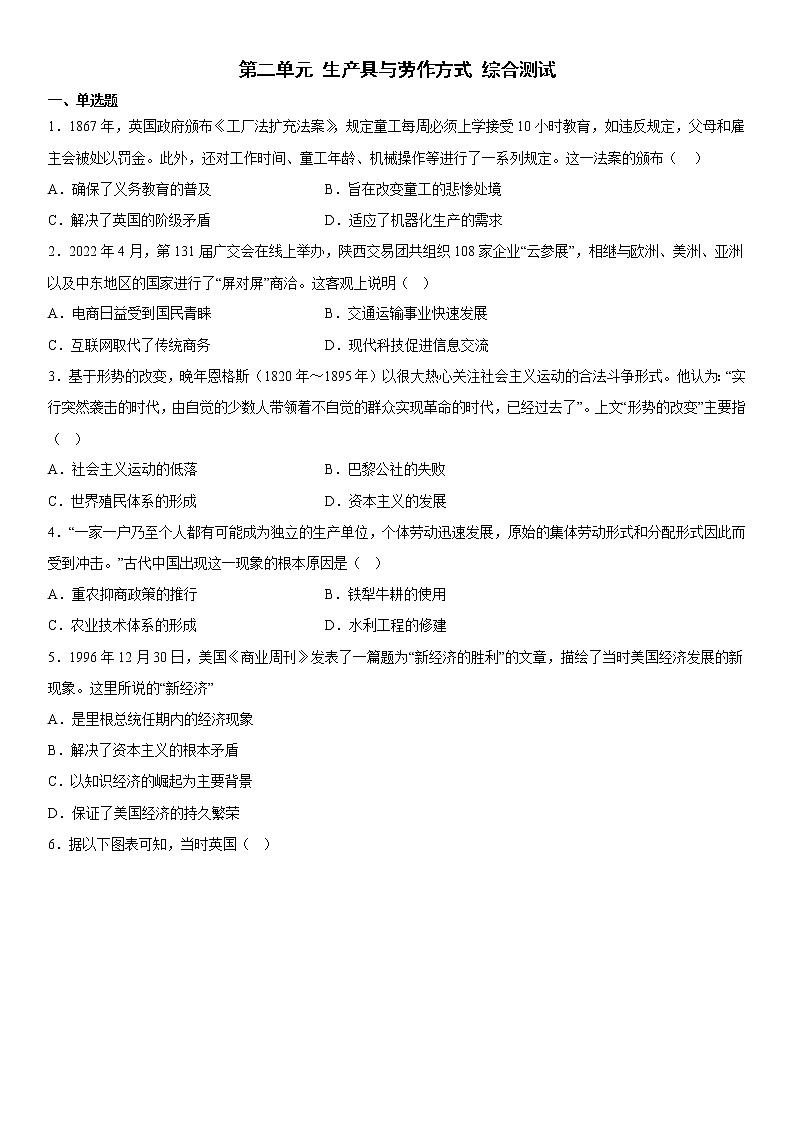 第二单元 生产具与劳作方式 综合测试--2022-2023学年高中历史统编版（2019）选择性必修二01