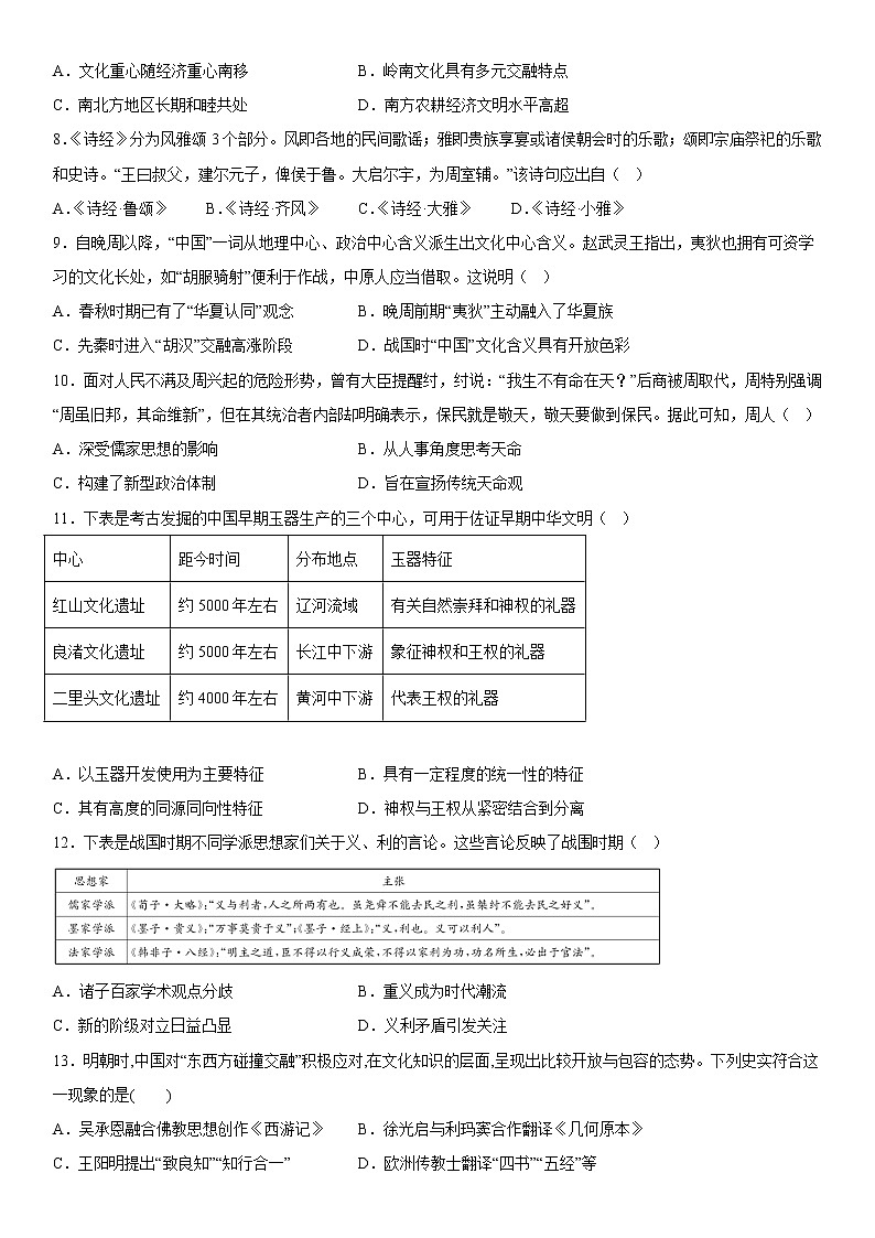第一单元 源远流长的中华文化 综合测试--2022-2023学年高中历史统编版（2019）选择性必修三02